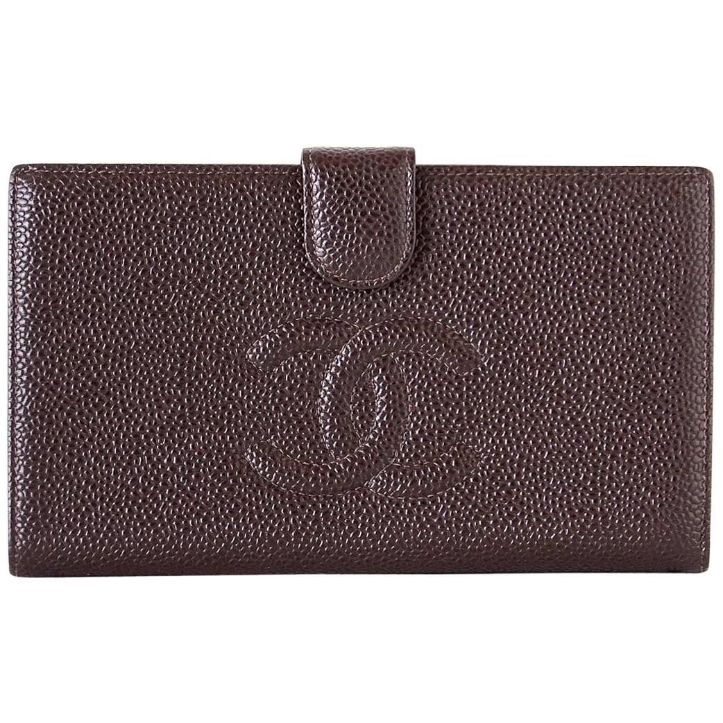 Chanel Wallet Vintage Brown Long Bifold Subtle CC Logo Caviar Leather