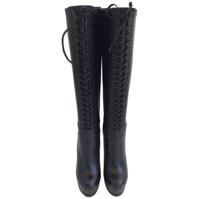 Yves Saint Laurent Black Leather Tribute Lace Up Platform Boots at 1stDibs