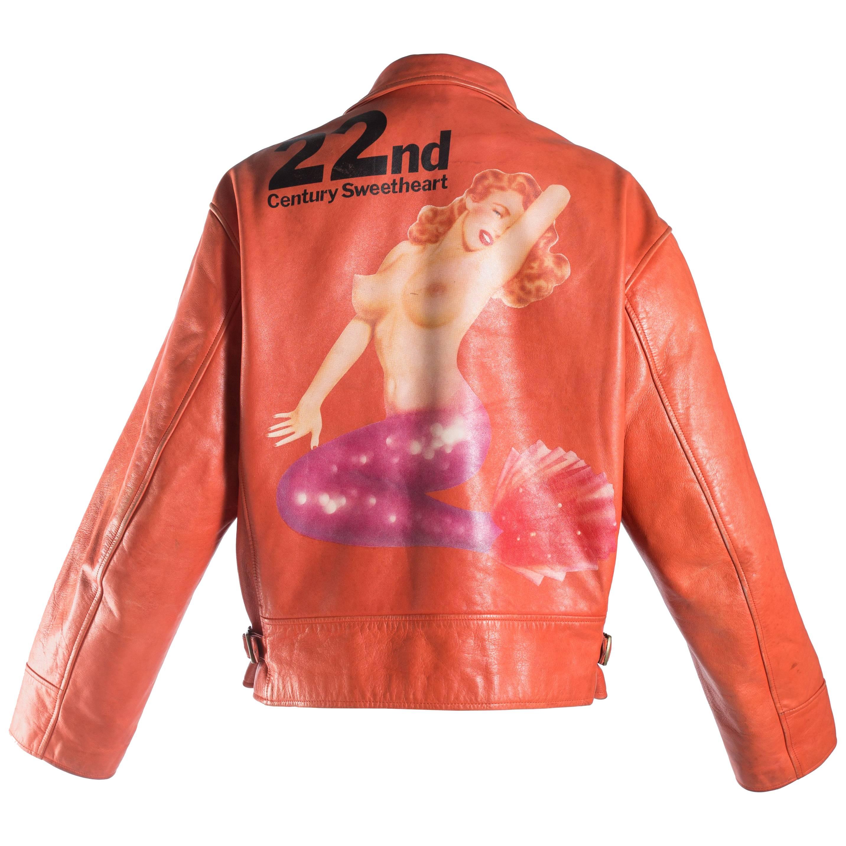 Yohji Yamamoto orange leather jacket with Marilyn Monroe pin-up, A