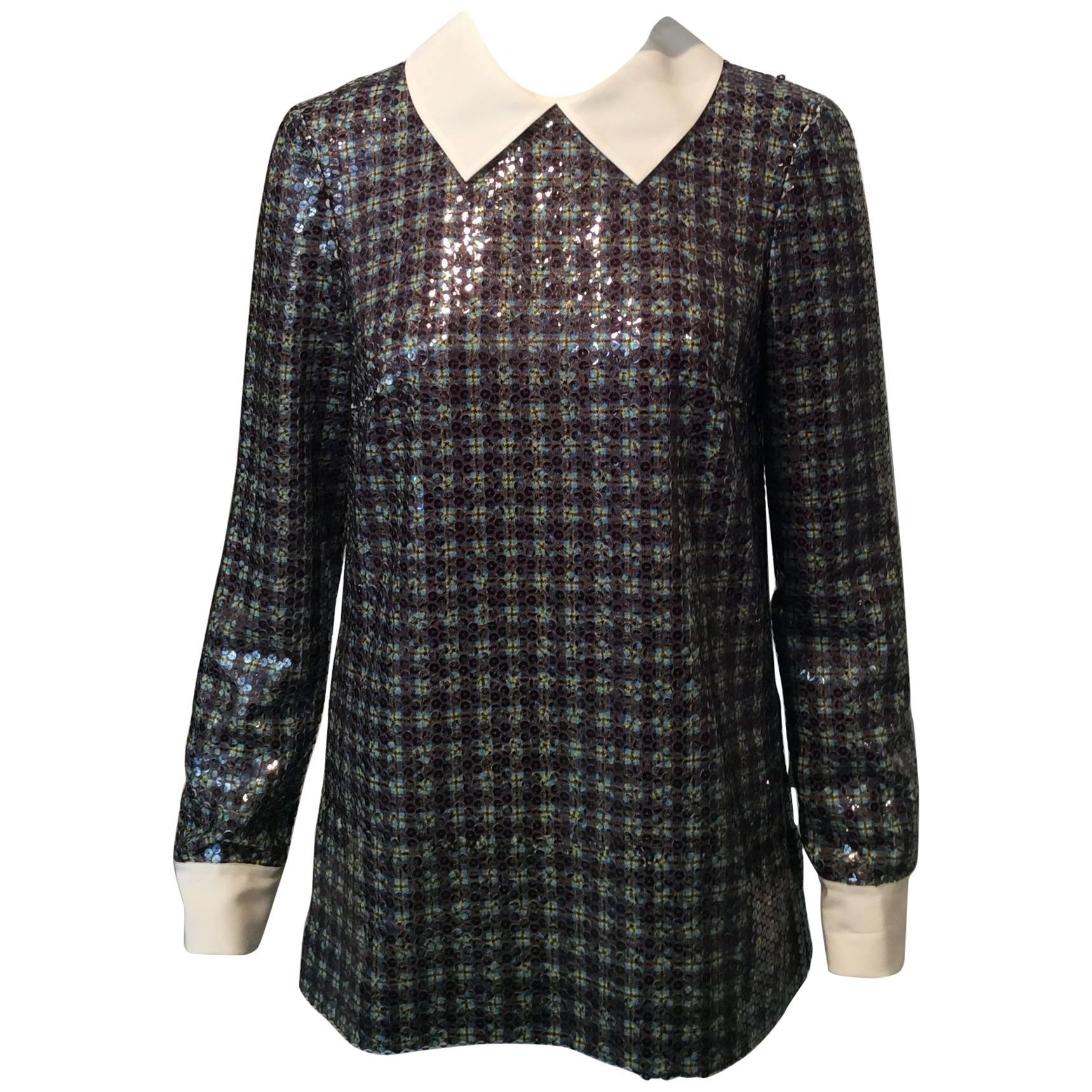Prada Clear Sequined Multicolored Plaid Long-Sleeve Collared Shirt Sz40/Us4 For Sale