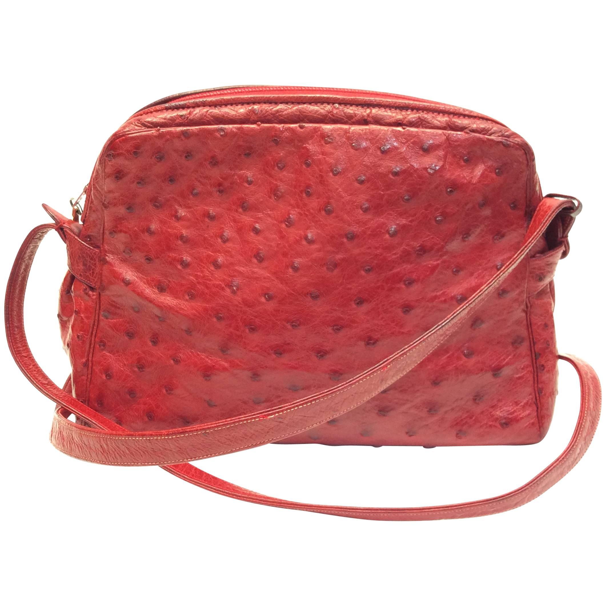 Judith Leiber Red Ostrich Leather Vintage Crossbody For Sale