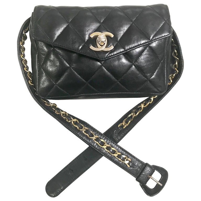 Chanel Vintage black lamb waist bag fanny pack with golden chain belt