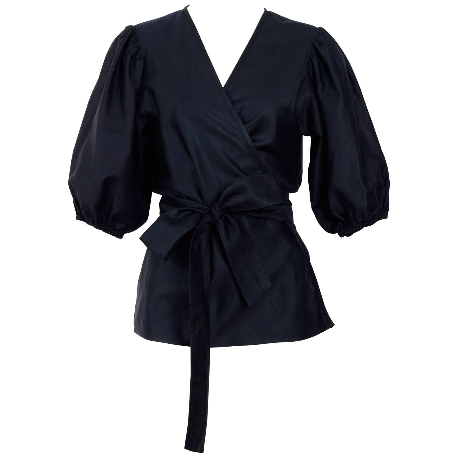 Yves Saint Laurent 1970s black cotton & silk mix wrap blouse