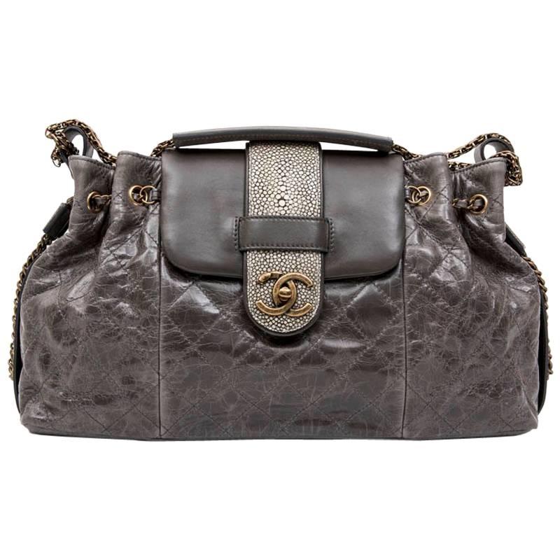 Chanel Gray Varnished Quilted Aged Leather and Galuchat Flap Bag 