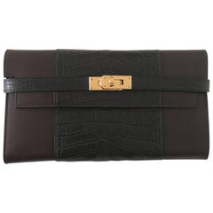 Hermès Alligator Mat and Leather Ebene Moka Kelly classique Wallet 