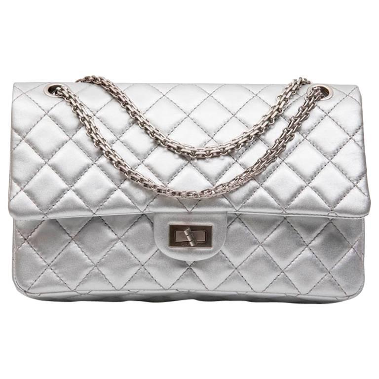 CHANEL 'Timeless' Double Flap Bag in Silver Quilted Leather