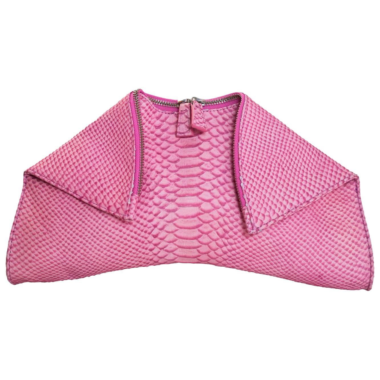 Emily Cho Pink Embossed Snakeskin Folded Clutch Bag,