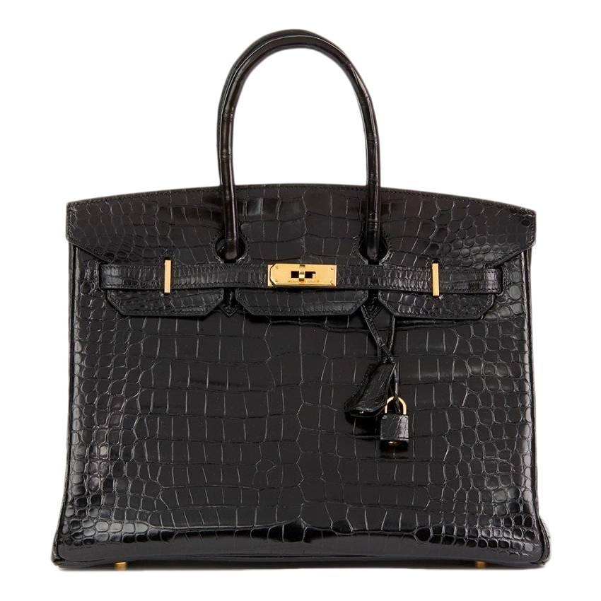 Hermes Black Shiny Crocodile 35cm Birkin Bag For Sale