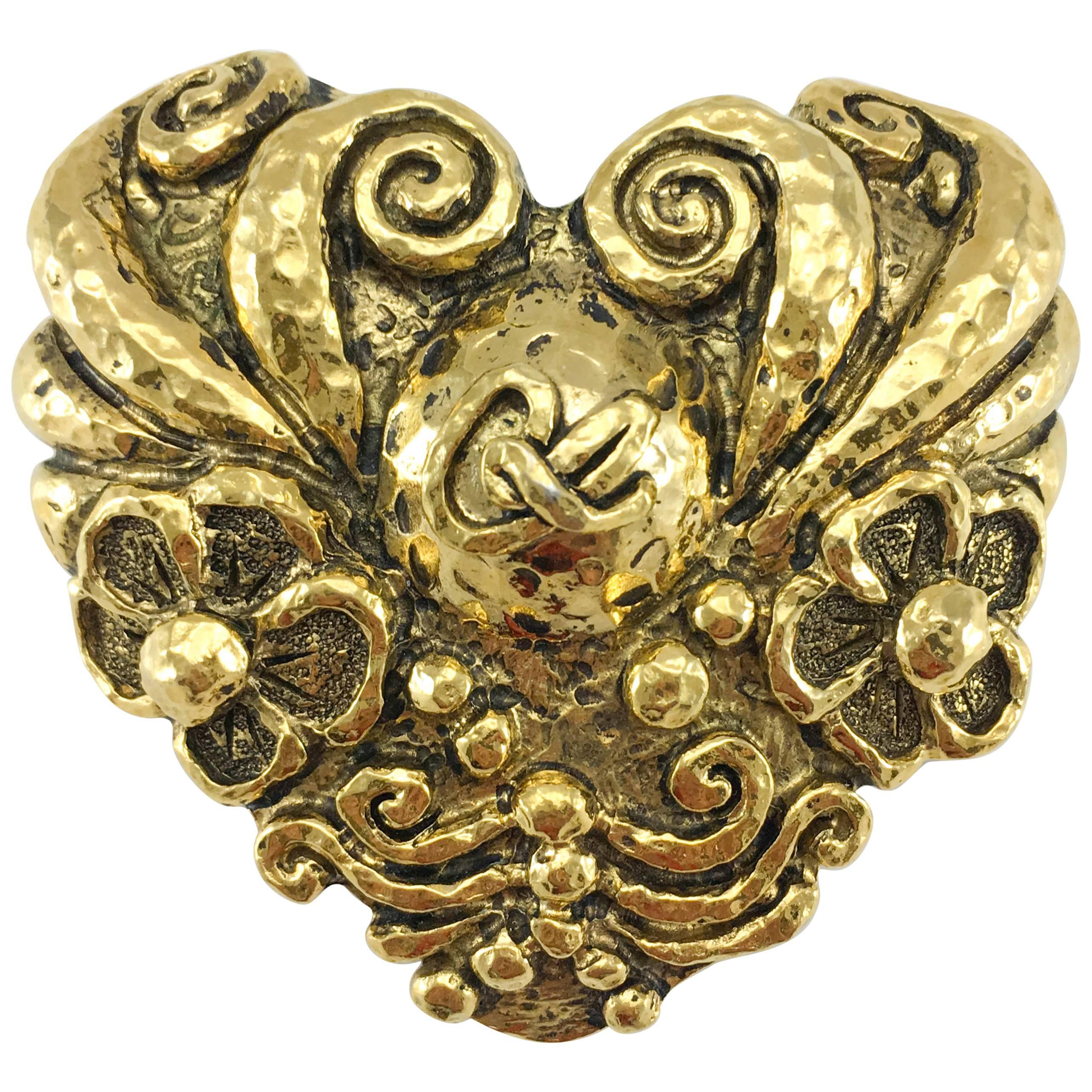 1980's Christian Lacroix Large Gold-Plated Heart-Shaped Brooch