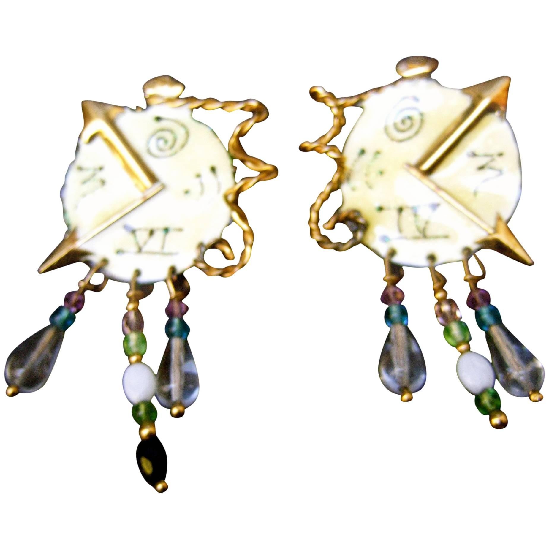 Lunch at the Ritz Whimsical Enamel Clock Artisan Earrings circa 1980s