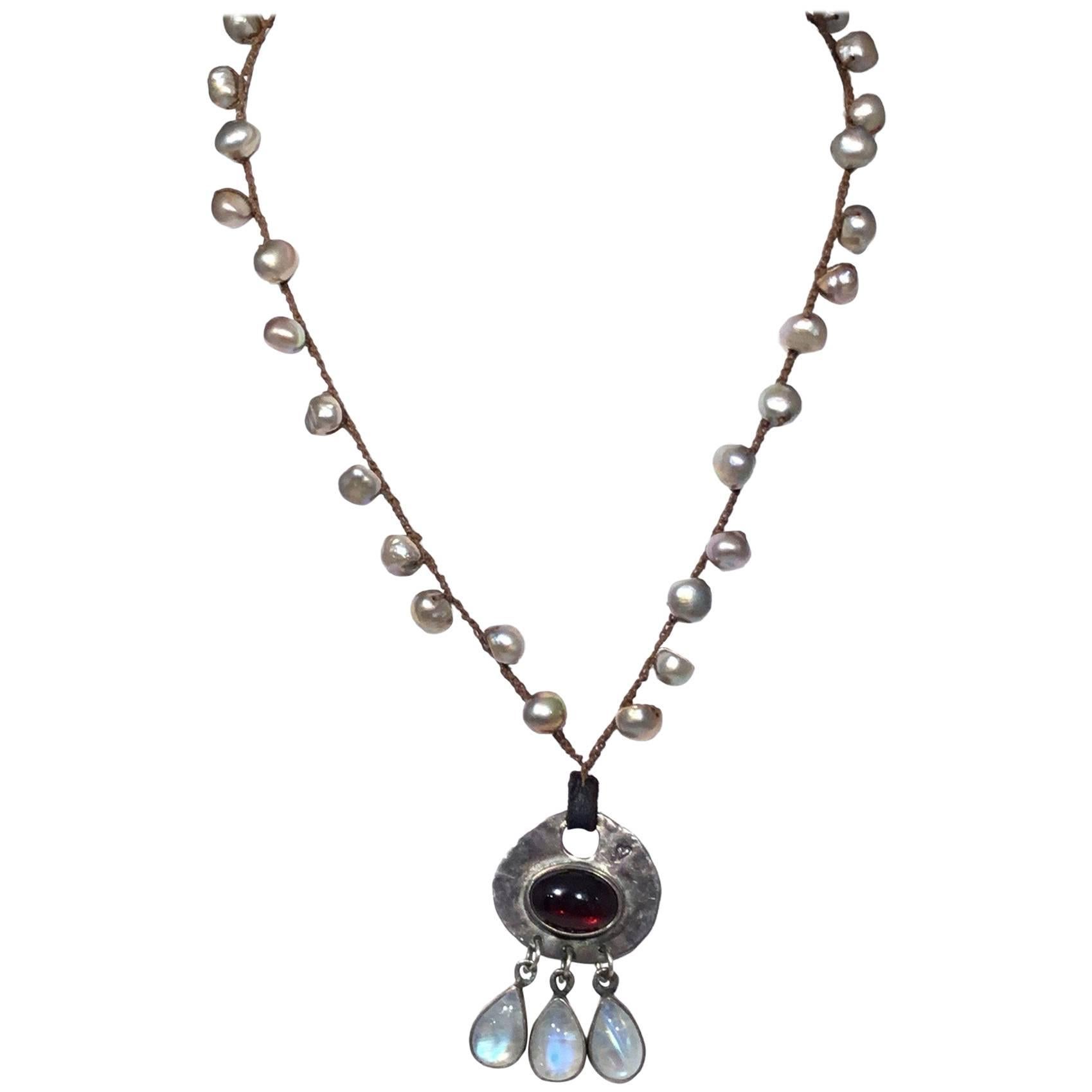 Jes Maharry Knotted Strand Pearl, Garnet, Moonstone Necklace