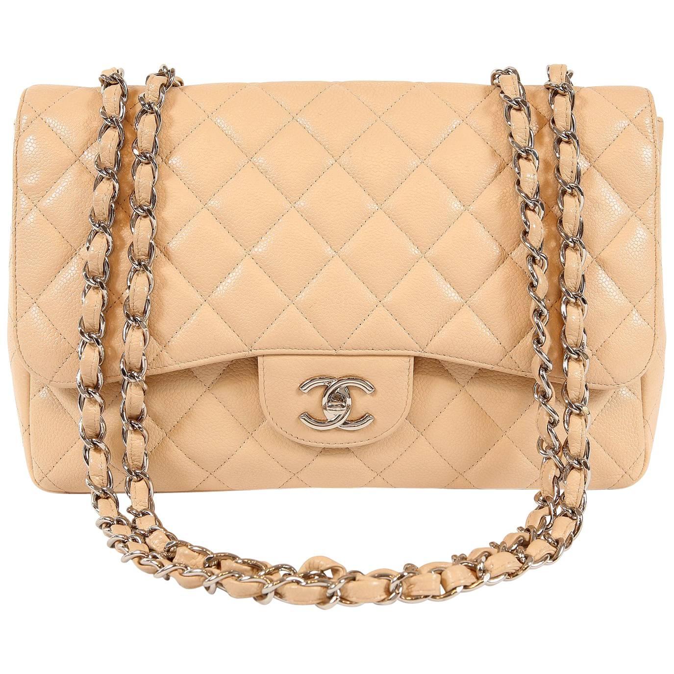Chanel Beige Clair Caviar Leather Jumbo Classic Flap Bag with Silver HW