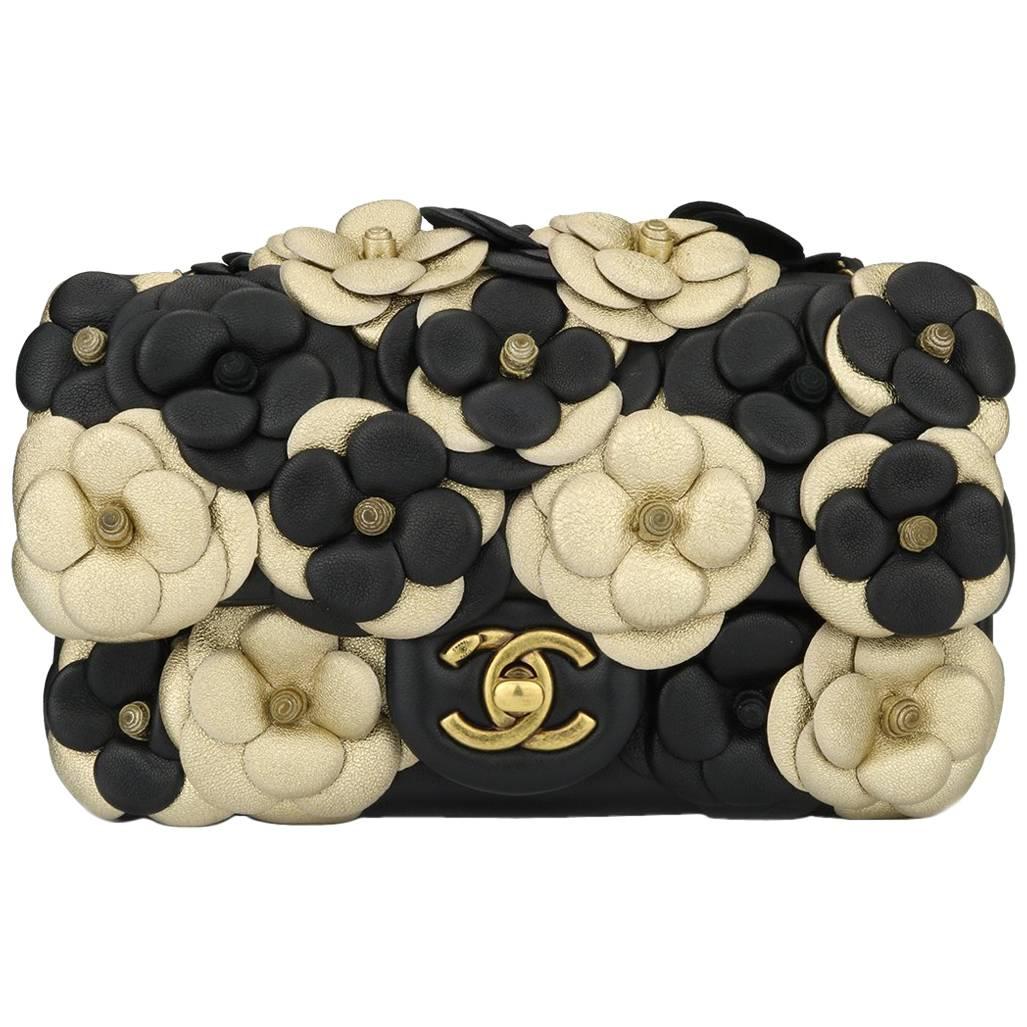 Chanel Camellia Mini Black / Gold Lambskin bag with Antique Gold Hardware, 2015