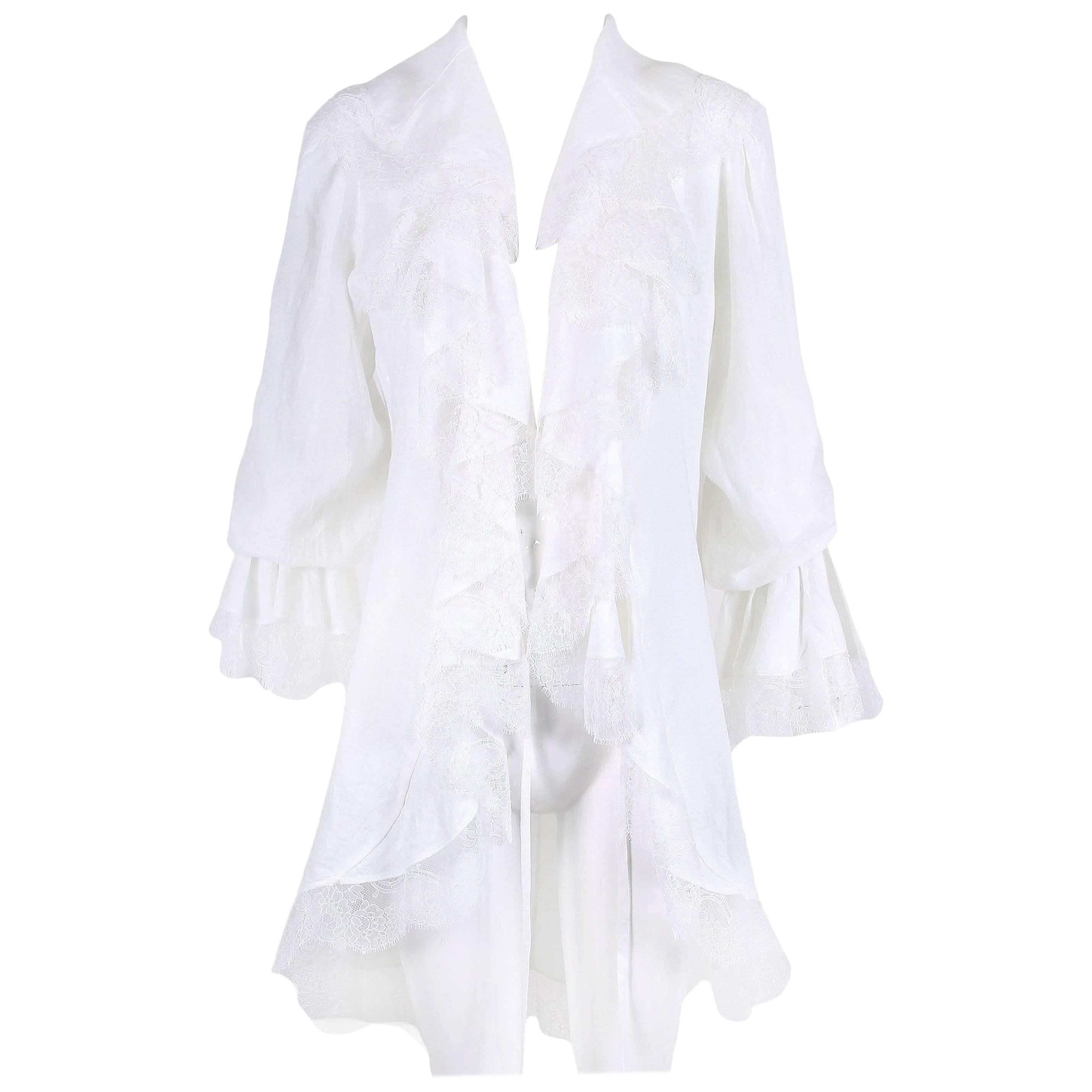 Yves Saint Laurent YSL White Linen Poet Blouse with Open Front and Lace Trim For Sale