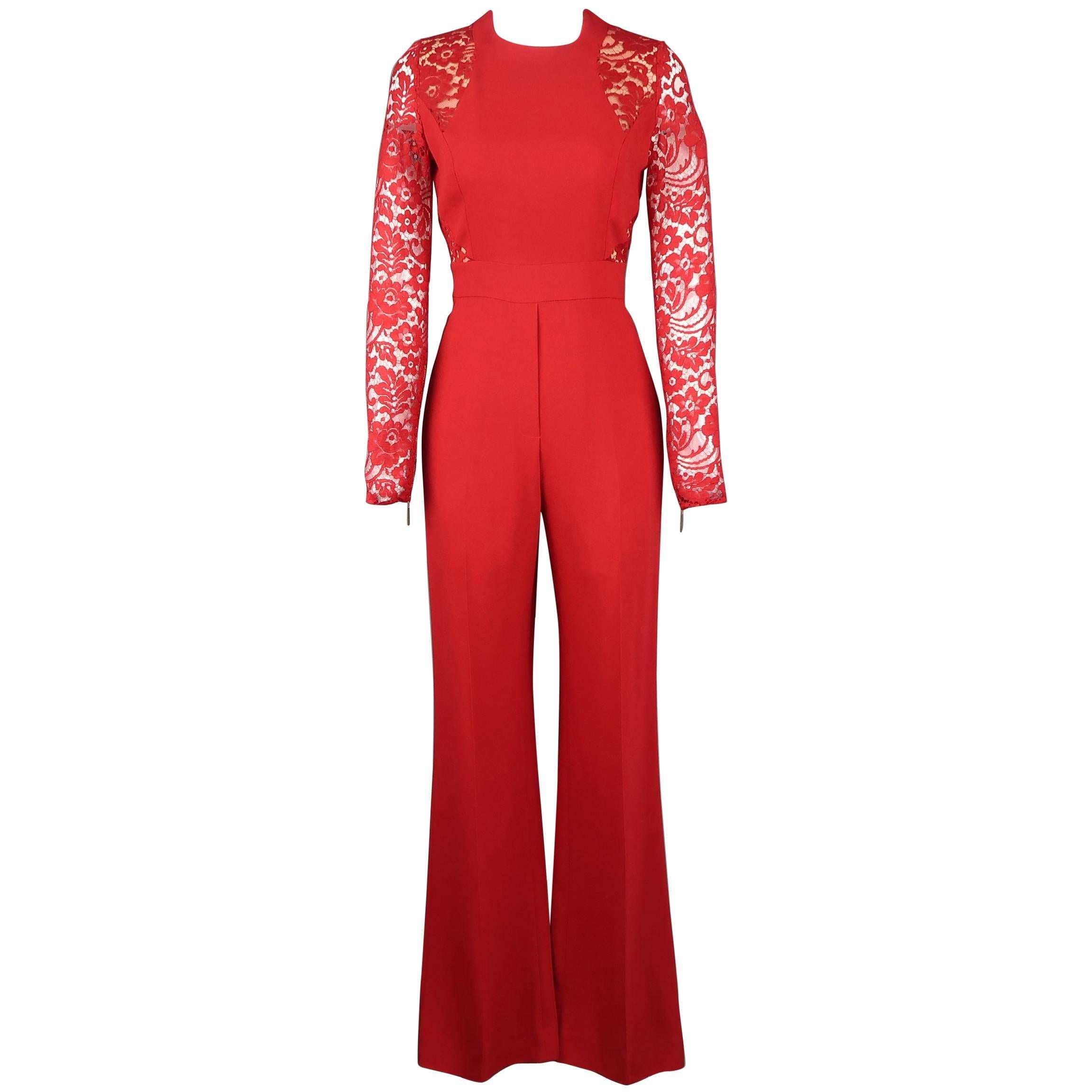 Elie Saab Red Lace Panel Long Sleeve Flared Jumpsuit