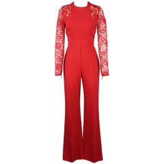 Elie Saab Red Lace Panel Long Sleeve Flared Jumpsuit