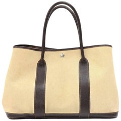 Hermes Garden Party PM Brown Leather Beige Canvas Hand Bag