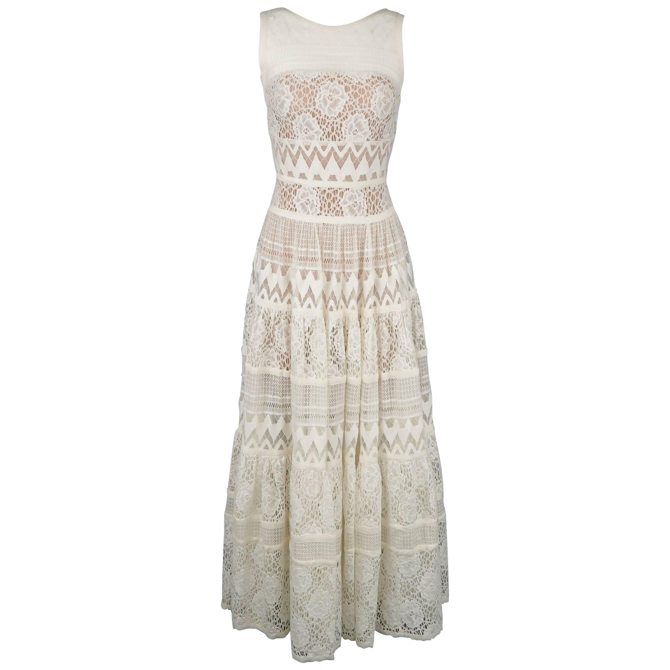 Elie Saab White Cotton / Silk Mixed Lace Sleeveless Peasant Maxi Dress