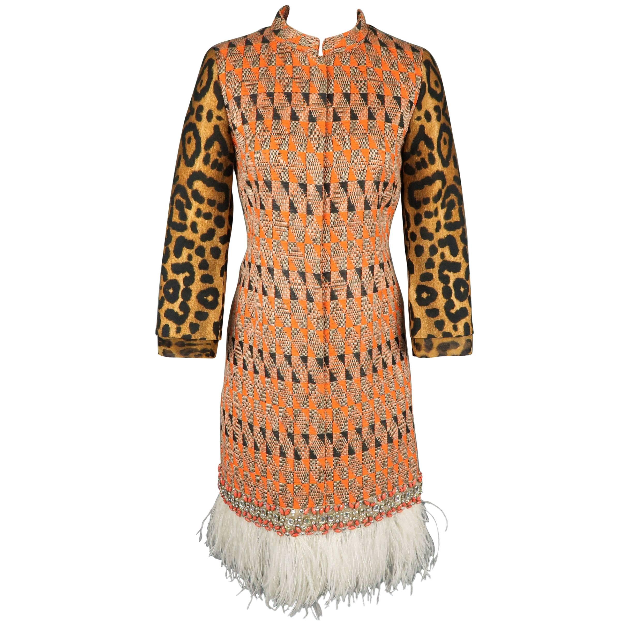 Giambattista Valli Orange Leopard Print Sleeve Beaded Feather Trim Dress