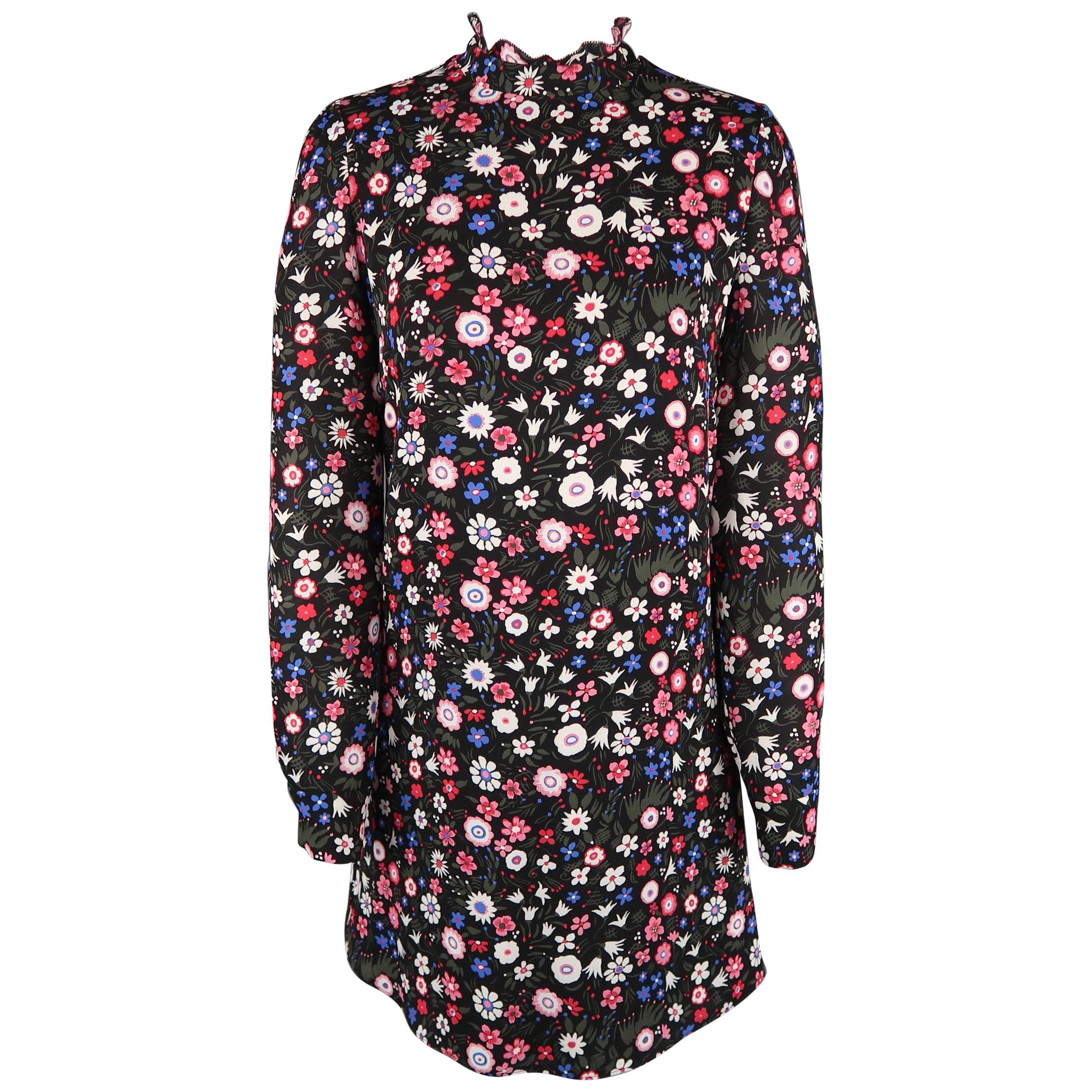 Valentino Black and Pink Floral Silk Ruffle Collar Tunic Dress