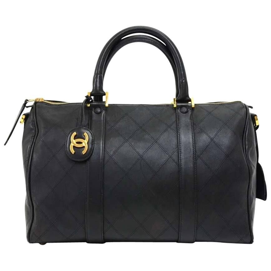 Vintage Chanel Boston Black Lambskin Quilted Duffle Bag