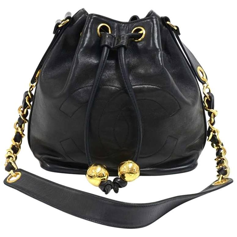 Vintage Chanel Black Lambskin Drawstring Bucket Bag + pouch
