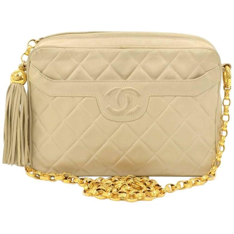 Vintage Chanel Beige Quilted Lambskin Leather Tassel Chain Shoulder Bag
