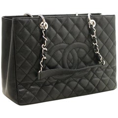 Used Chanel Caviar GST 13" Grand Shopping Tote Chain Black Shoulder Bag 