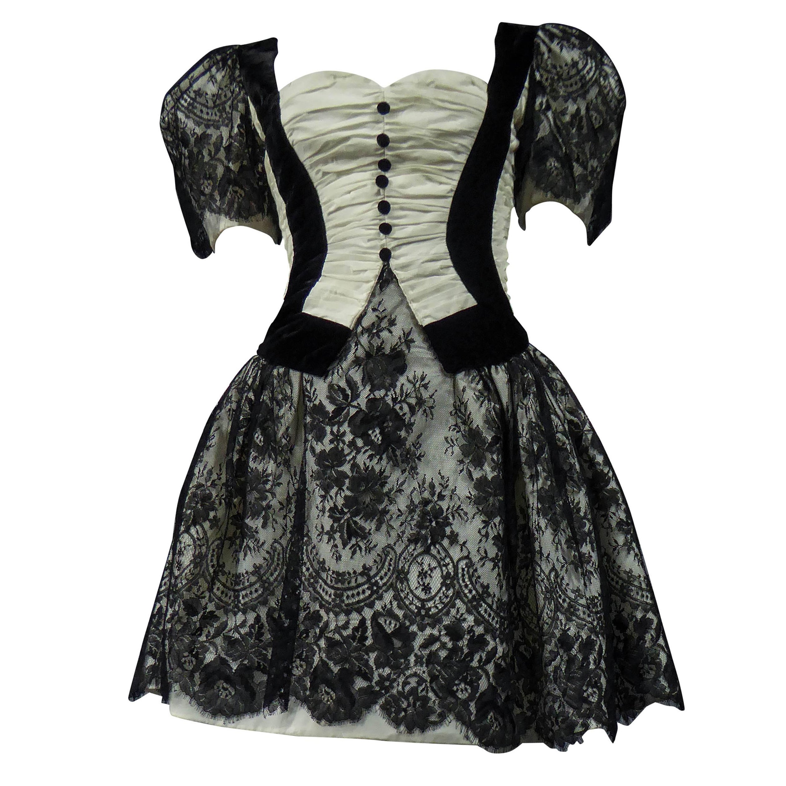 A black Lace & white FrenchCouture  Cocktail Dress Circa 1990 For Sale