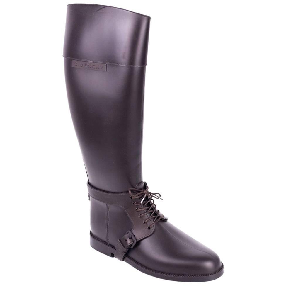 Givenchy Brown Rubber Equestrian Lace Up Rain Boots