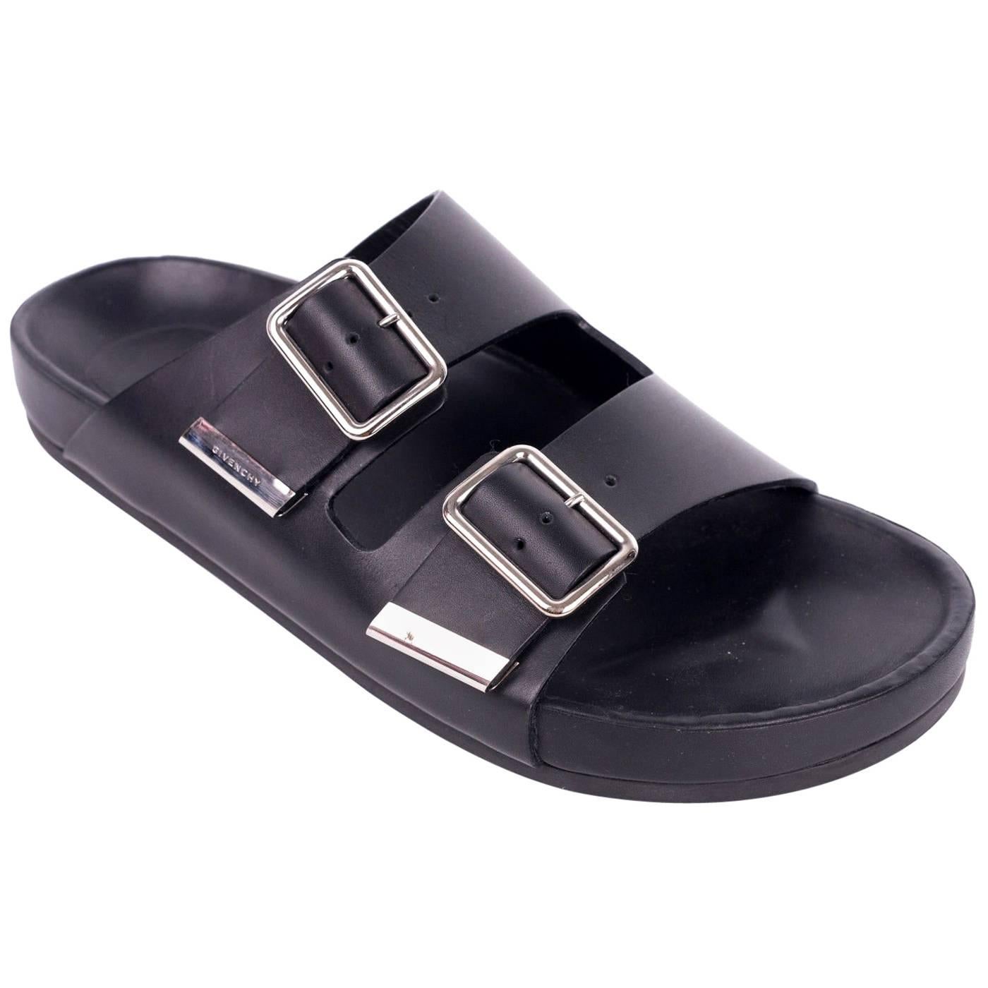 Givenchy Black Leather Silver Accent Swiss Flat Sandals For Sale