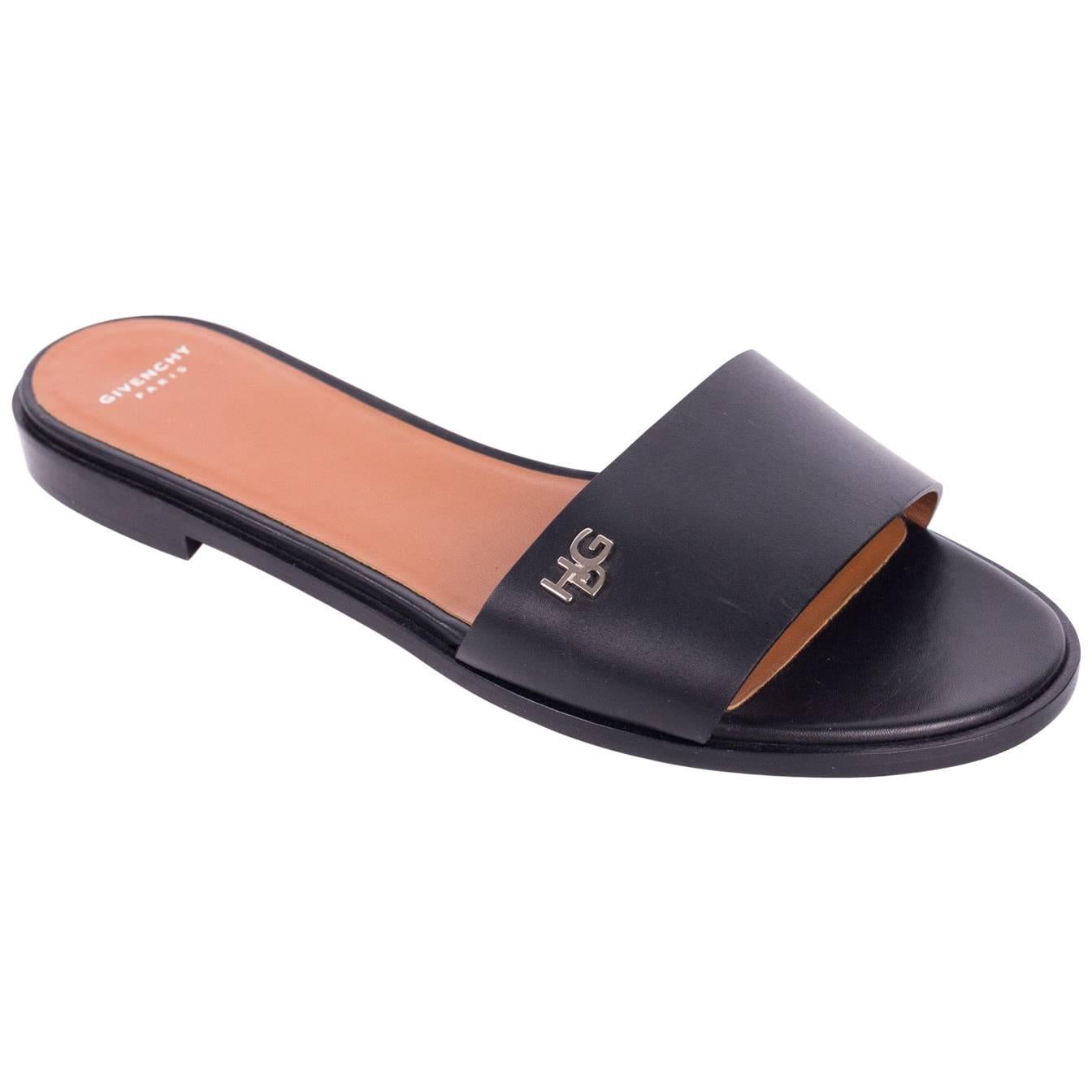 Givenchy Women's Black Leather HDG Flat Slide Sandals  For Sale
