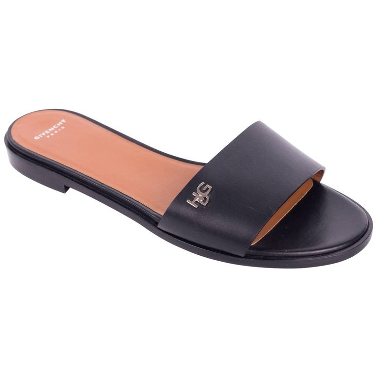 Givenchy Women's Black Leather HDG Flat Slide Sandals For Sale at
