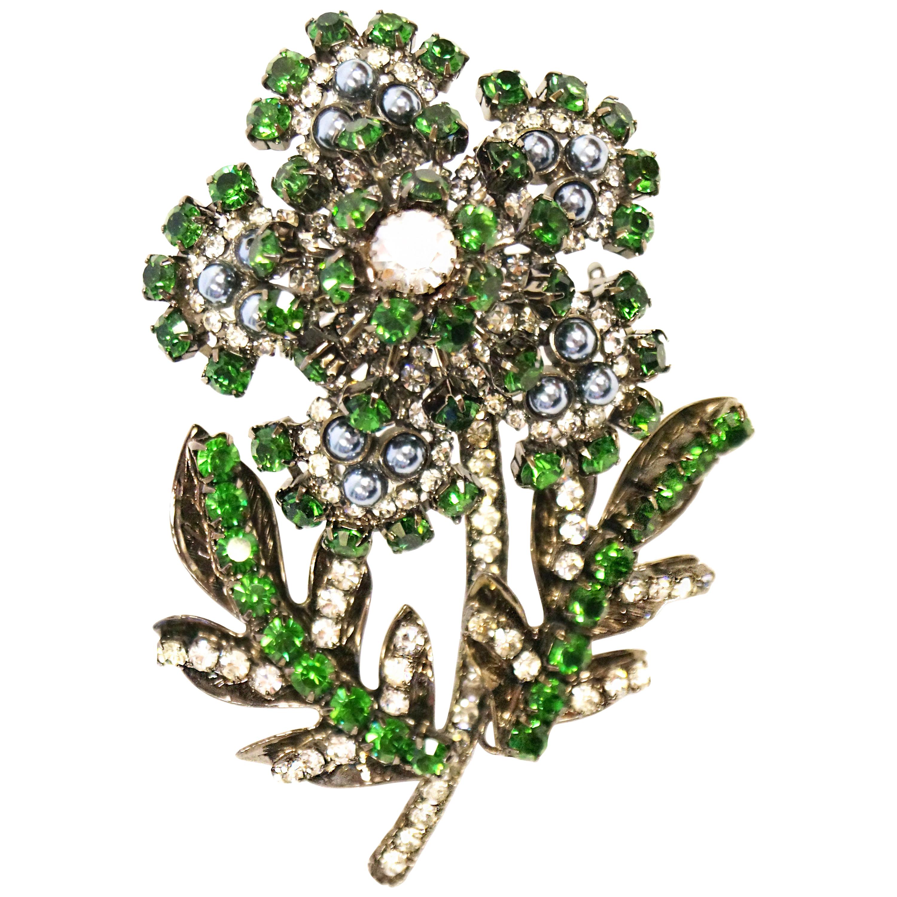 1970s Massive 6” Lawrence Vrba Green Rhinestone Flower Brooch 