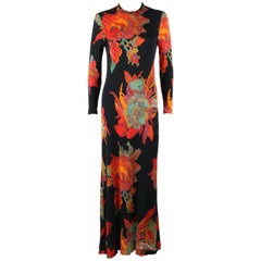 c.1960's Black Multicolor Boho Knit Floral Print Long Sleeve Evening Maxi Dress