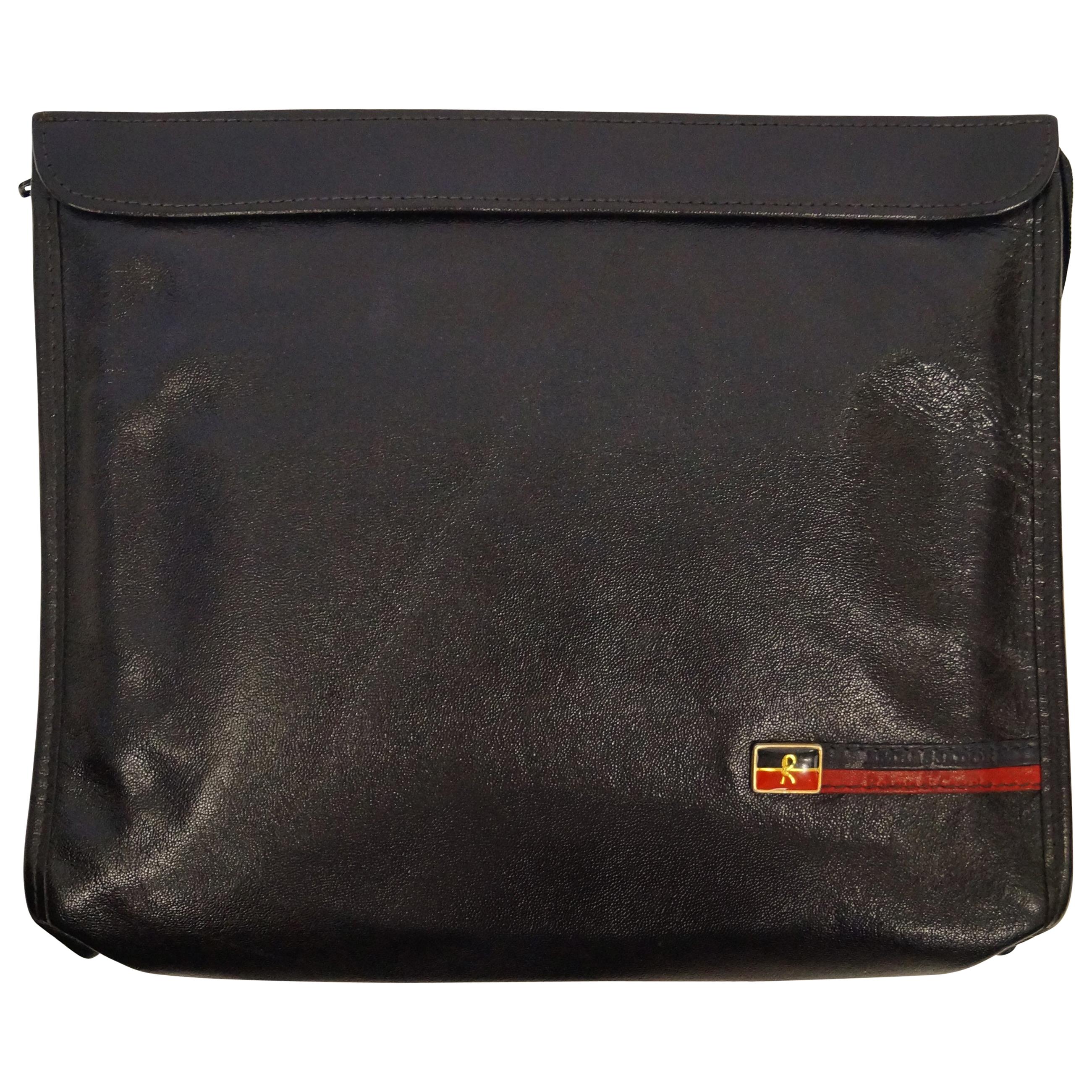 1970s Roberta di Camerino Large Black Pebbled Leather Clutch with Ribbon Detail For Sale
