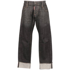 Men's DSQUARED2 Size 32 Black Distressed Wax Coated Selvedge Denim Jeans