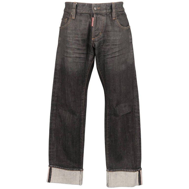 Men's DSQUARED2 Size 32 Black Distressed Wax Coated Selvedge Denim