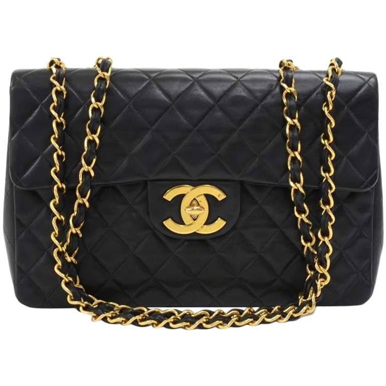 Vintage Chanel 13" Maxi Jumbo Black Quilted Leather Shoulder Flap Bag 