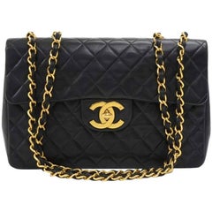 Vintage Chanel 13" Maxi Jumbo Black Quilted Leather Shoulder Flap Bag 