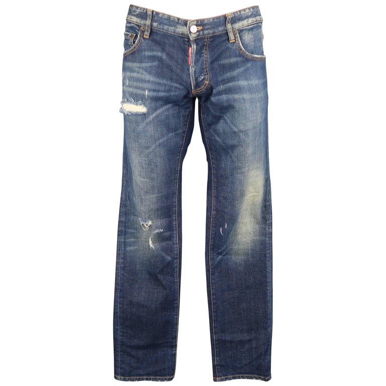 Men's DSQUARED2 Size 34 Blue Dirty Wash Distressed Denim Jeans at 1stdibs