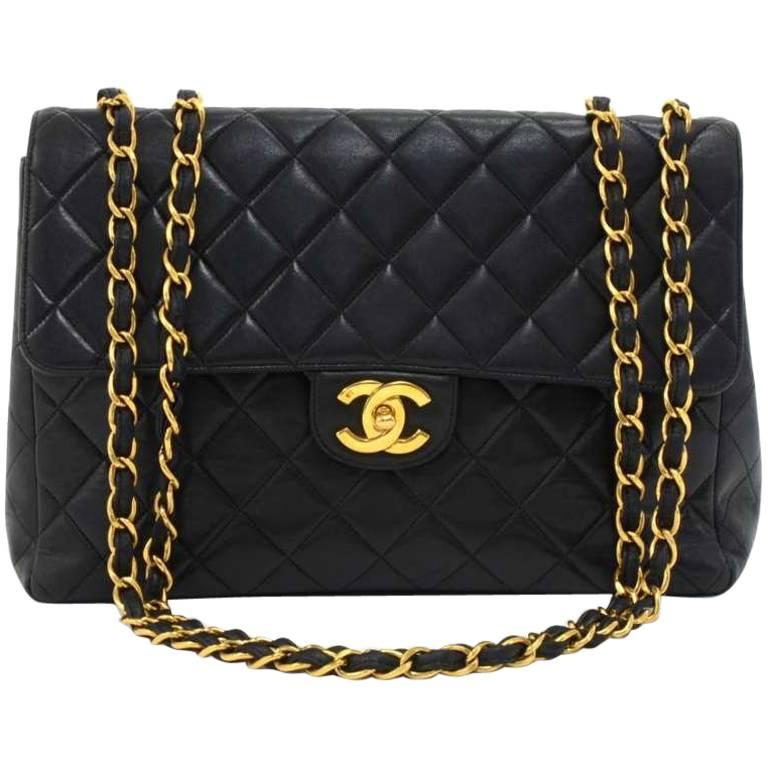 Vintage Chanel 12" Jumbo Black Quilted Leather Shoulder Flap Bag