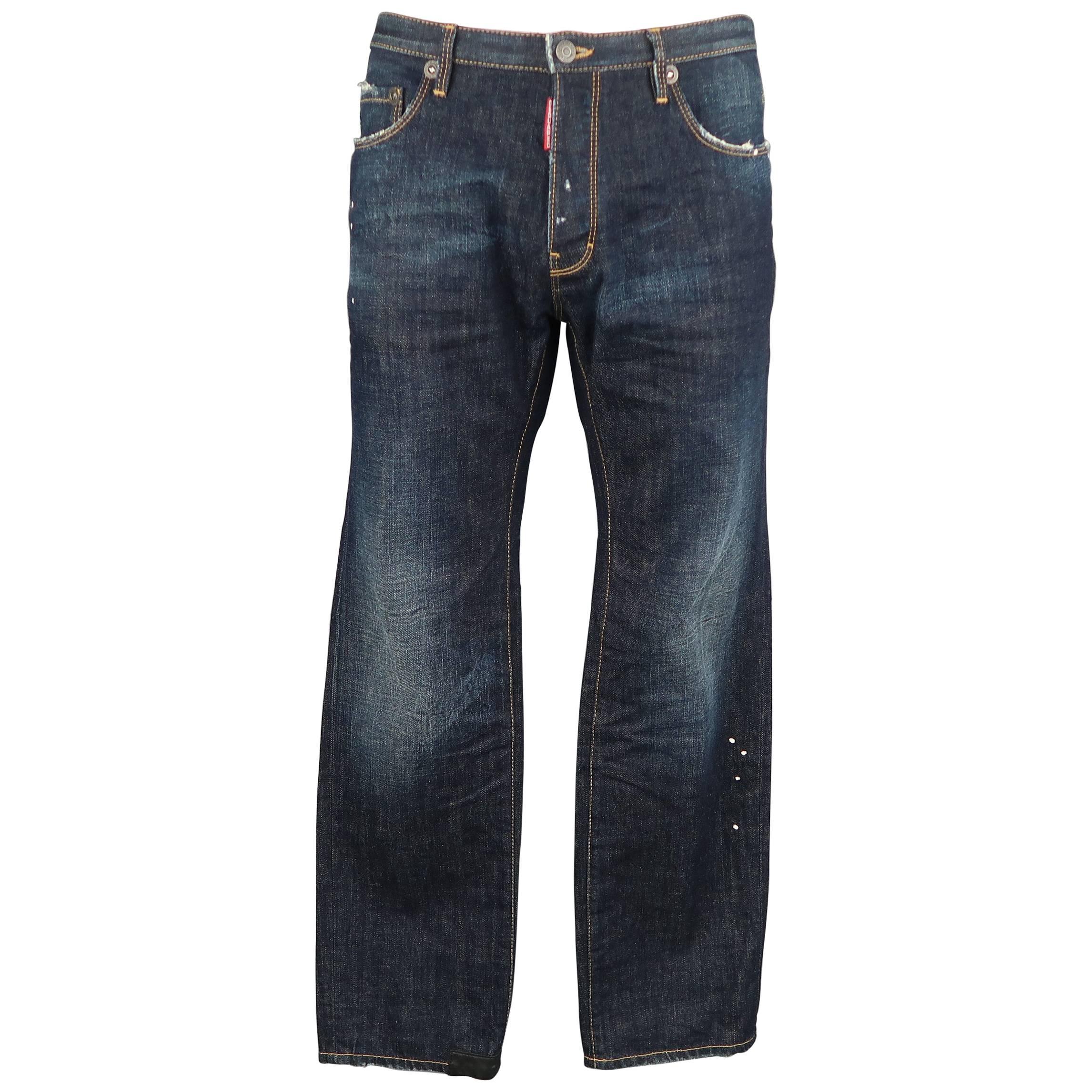 Men's DSQUARED2 Size 34 Dark Dirty Wash Denim Distressed Paint Splatter Jeans