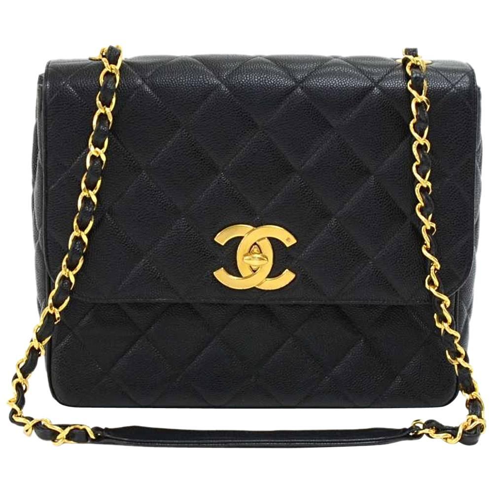 Vintage Chanel Large Black Quilted Caviar  Leather Flap Shoulder Bag 
