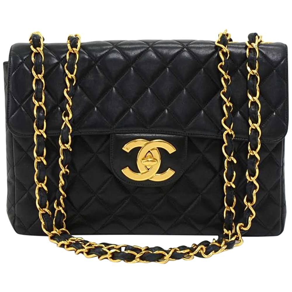 Vintage Chanel 12" Jumbo Black Quilted Leather Shoulder Flap Bag