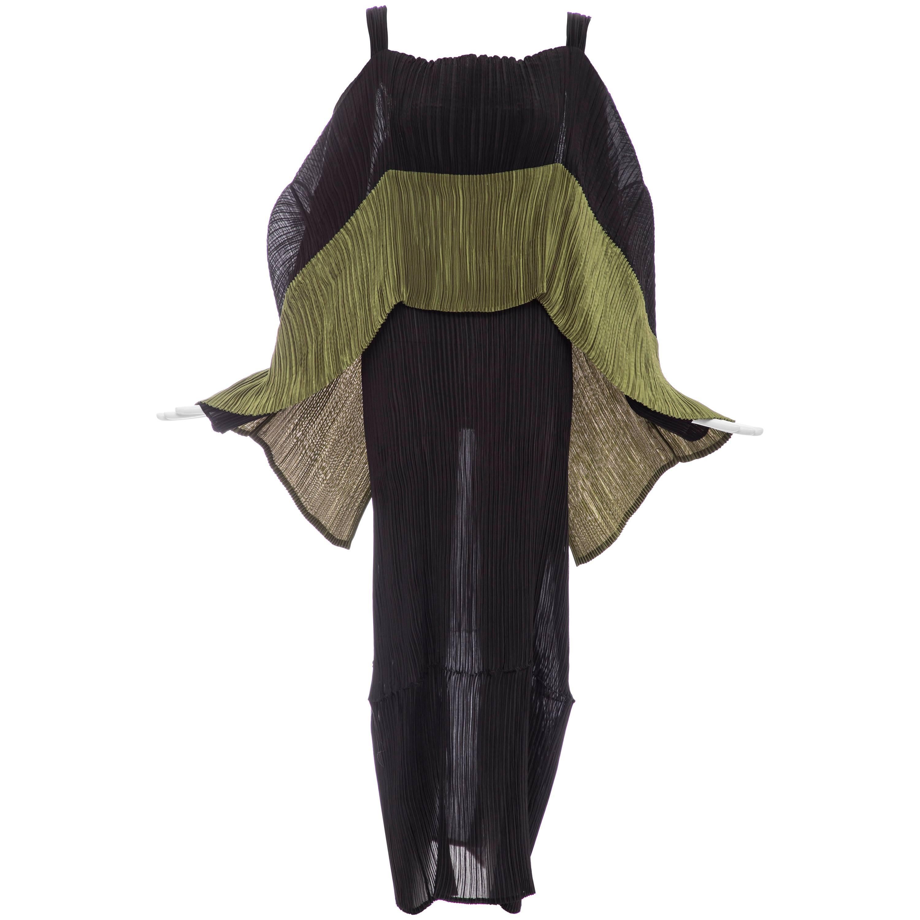 Issey Miyake Black Pleated Dress With Olive Green Panel At Bodice, Circa 1990s
