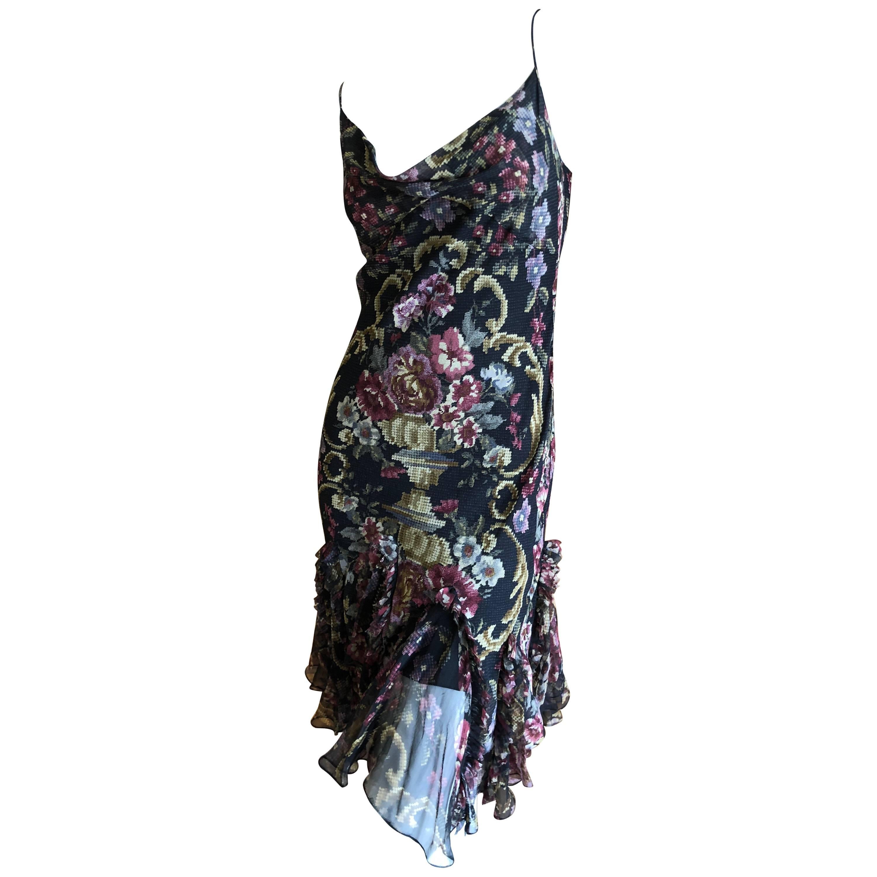 John Galliano Vintage Bias Cut Needlepoint Pattern Silk Dress  For Sale