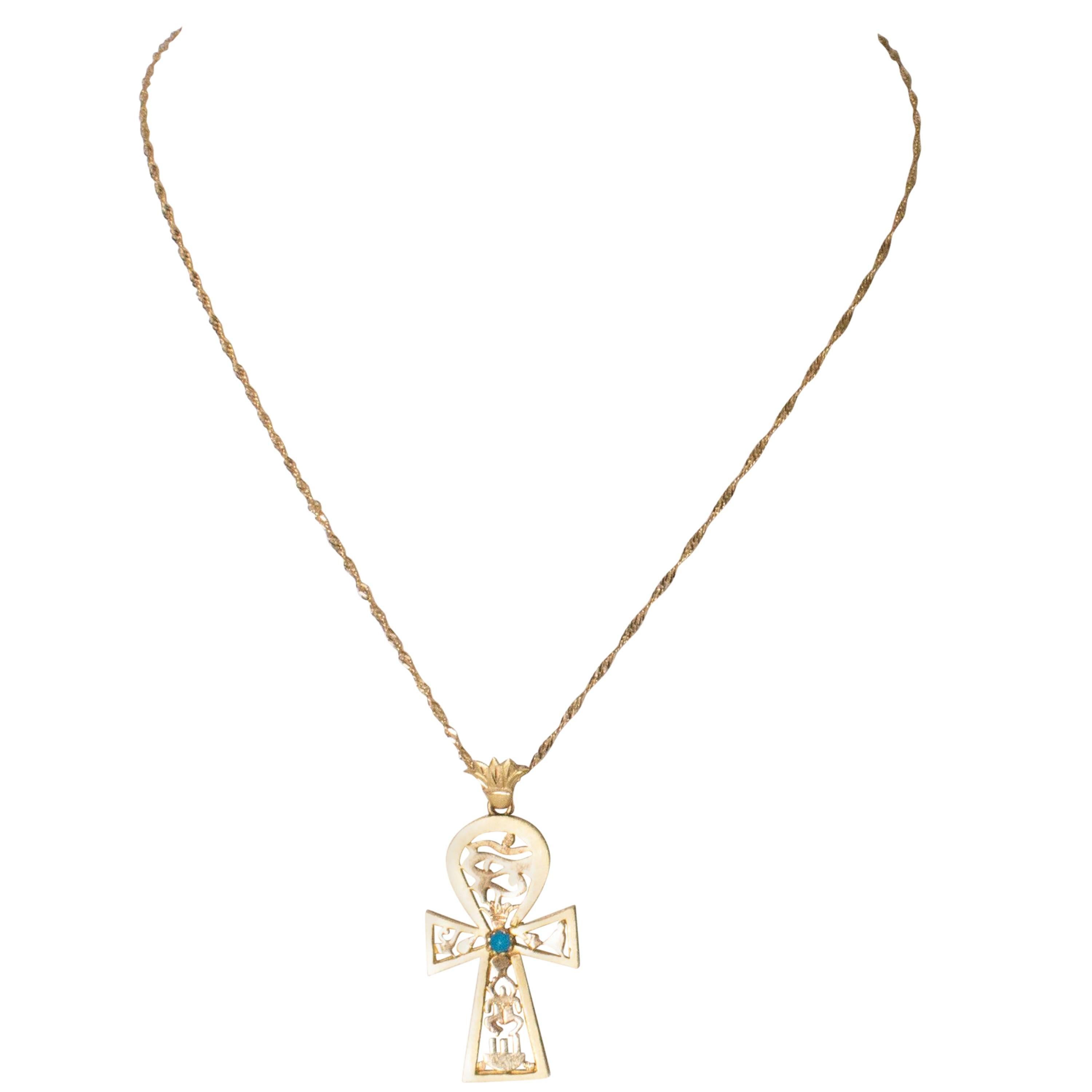 Gold Chain and Cross with Turquoise Centre For Sale