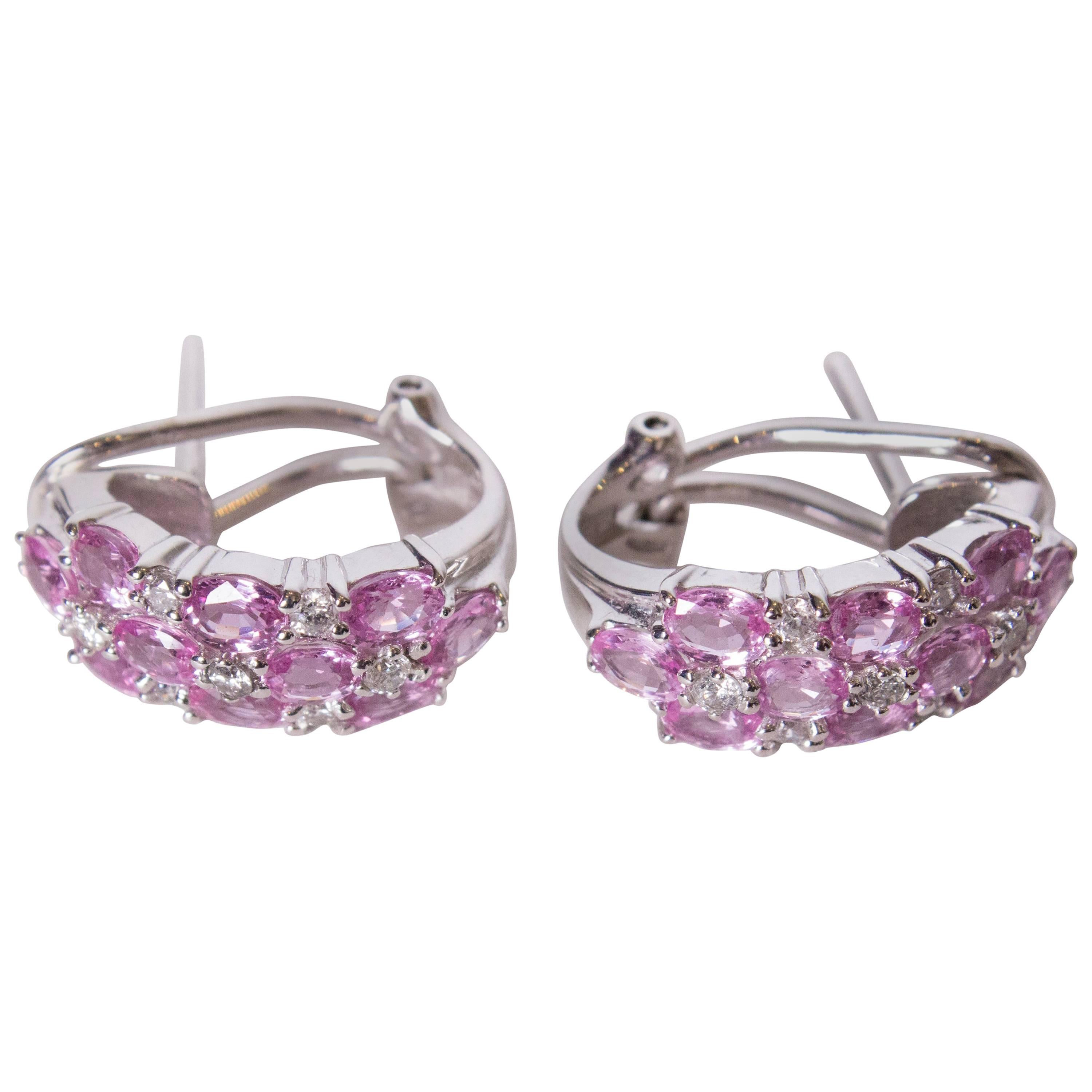 Vintage Pink Sapphire and Diamond Earrings on White Gold