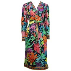 Vintage Leonard Multi Floral Print Three-Quarter Sleeve Dress With Sash